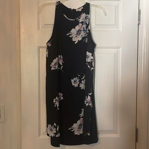 Floral print black midi dress.